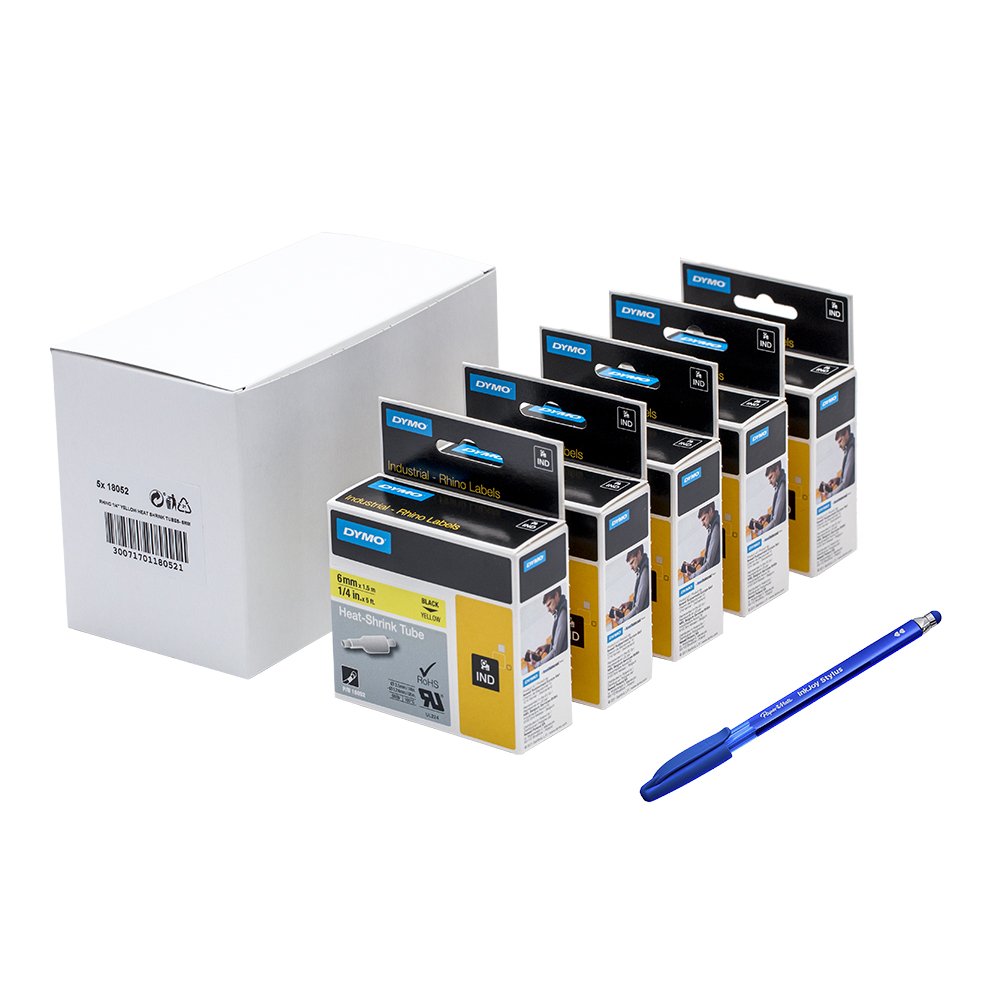 5 x Dymo 18052 Rhino Industrial Labels Heat Shrink Tube 6 mm x 1.5 m - Black on Yellow + PaperMate Pen Gift