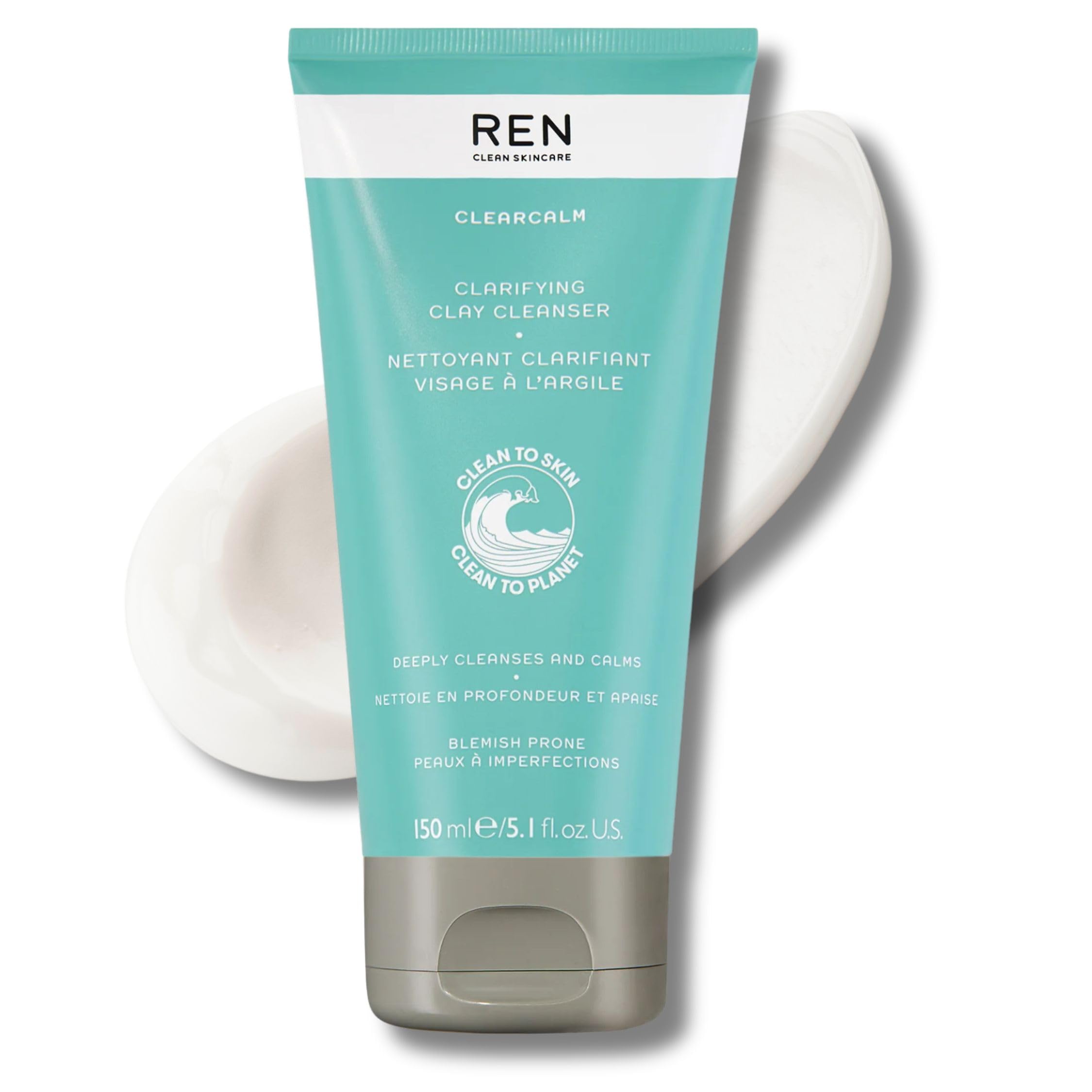 REN Clean Skincare Clearcalm Clarifying Clay Cleanser, Cleanse, Calm and Comfort Breakout-Prone Skin, With Kaolin Clay & Willow Bark 150ml
