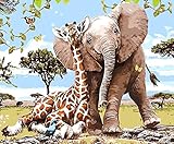 5D Diamond Painting by Number Kit, Full Drill The Giraffe and The Elephant Rhinestone Embroidery Cross Stitch Supply Arts Craft Canvas Wall Decor