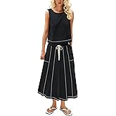HOWALOOK Women’s 2 Piece Cotton Skirt Set Sleeveless Draped Tank Top Drawstring Midi Skirt Y2K Lounge Outfits