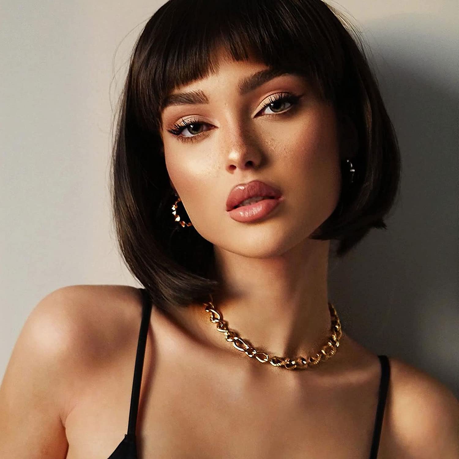 Colorfulpanda Short Brown Bob Wig with Fringe Bangs Natural Straight Hair for Women Ladies Cosplay Party Halloween Costume Heat Resistant Synthetic Wig 12"