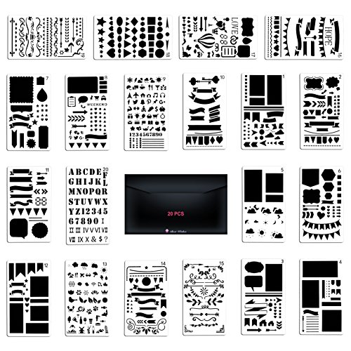 Bullet Journal Stencils, 20 PCS Plastic Planner Stencil with Different Patterns for Journaling/Scrap booking/Notebook/Diary/ Drawing /Card and DIY Craft, 4X7 Inch, White