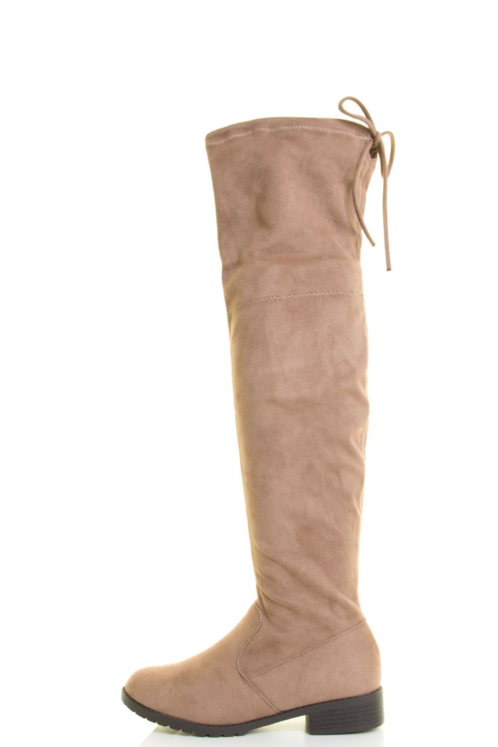 Forever Link Jalen Taupe OTK High Drawstring Tie Lace Up Chunky Thick Heel Boots (10) - Image 3