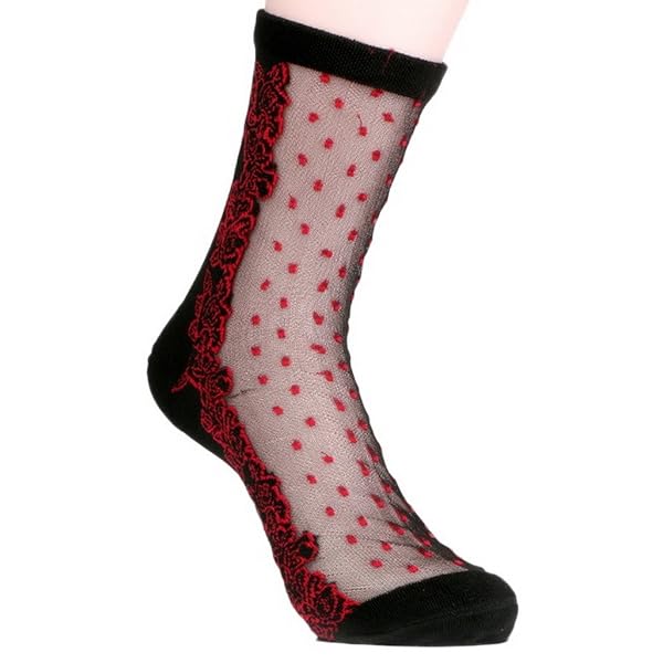 Woo2u Black and Red Lace Ultrathin Transparent Crystal Silk Elastic Short Socks