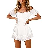 Fixmatti Women Swiss Dot Print Romper Boat Neck Off Shoulder Summer Shorts Ruffles Jumpsuit White M