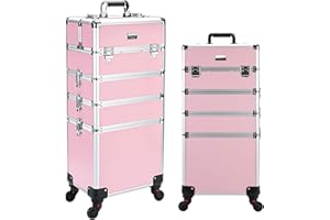4 in 1 Rolling Makeup Case Professional Cosmetic Trolley, Aluminum Makeup Train Case with 360° Swivel Wheels, Lockable Storag
