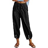 Amlztr Women's Cropped Drawstring Waist Wide Leg Loose Cotton Linen Capri Pants for Women