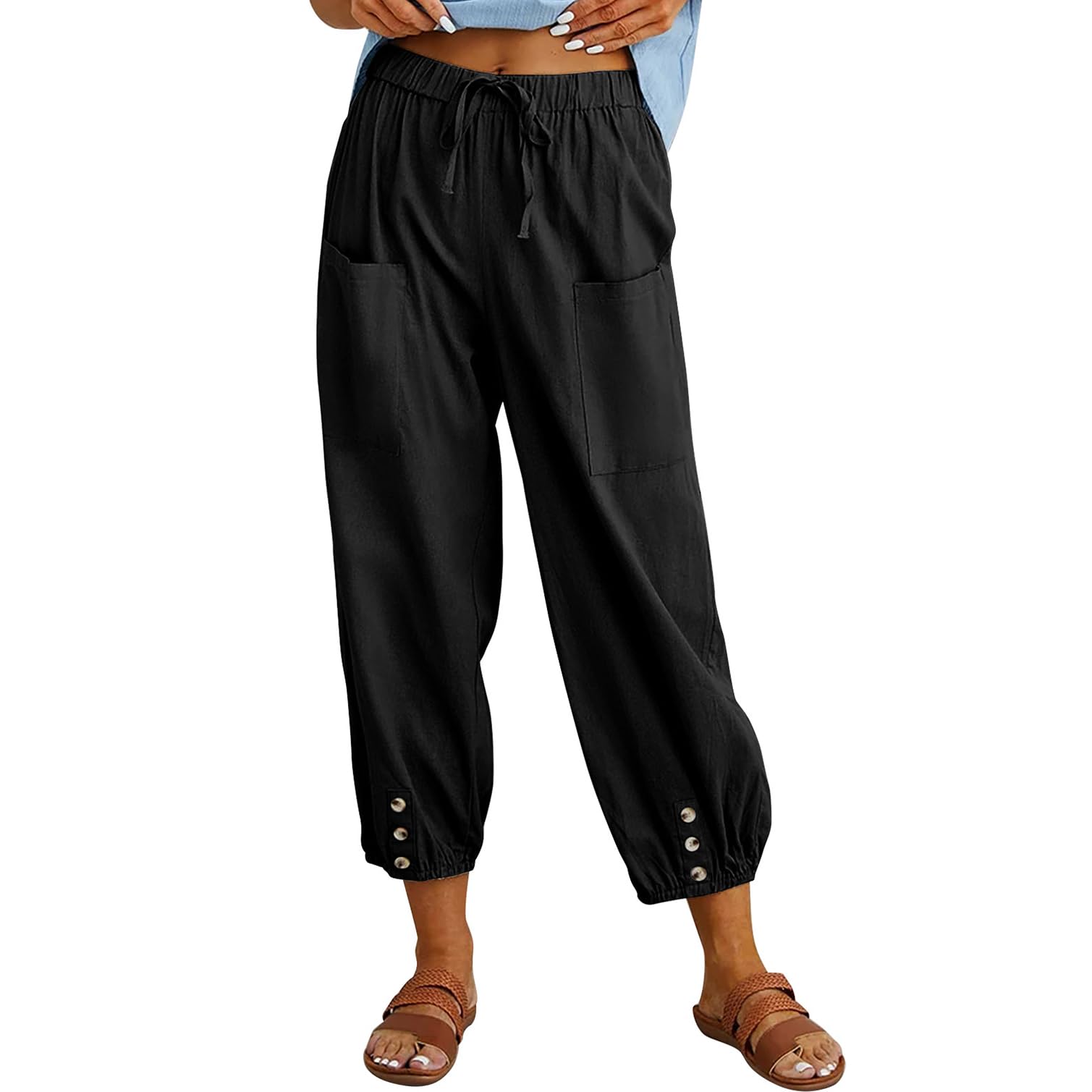 Photo 1 of (USED/FAIR) (BAGGED) Amlztr Women's Cropped Drawstring Waist Wide Leg Loose Cotton Linen Capri Pants for Women Black 3XL