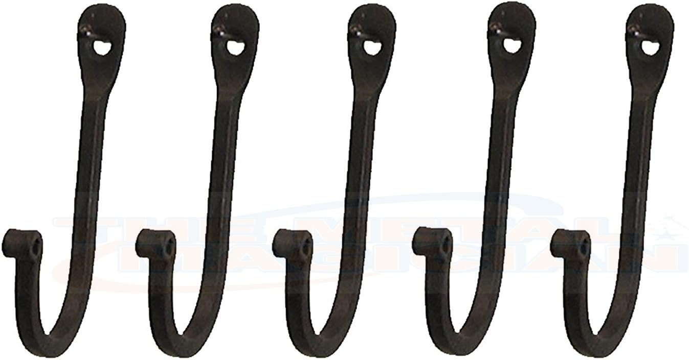 The Metal Magician Single Prong Wrought Iron Hooks, Vintage Hand Forged Iron Classic Hook Set – Rustic Curved Metal Fasteners – Decorative Colonial Wall Décor (Set of 5)