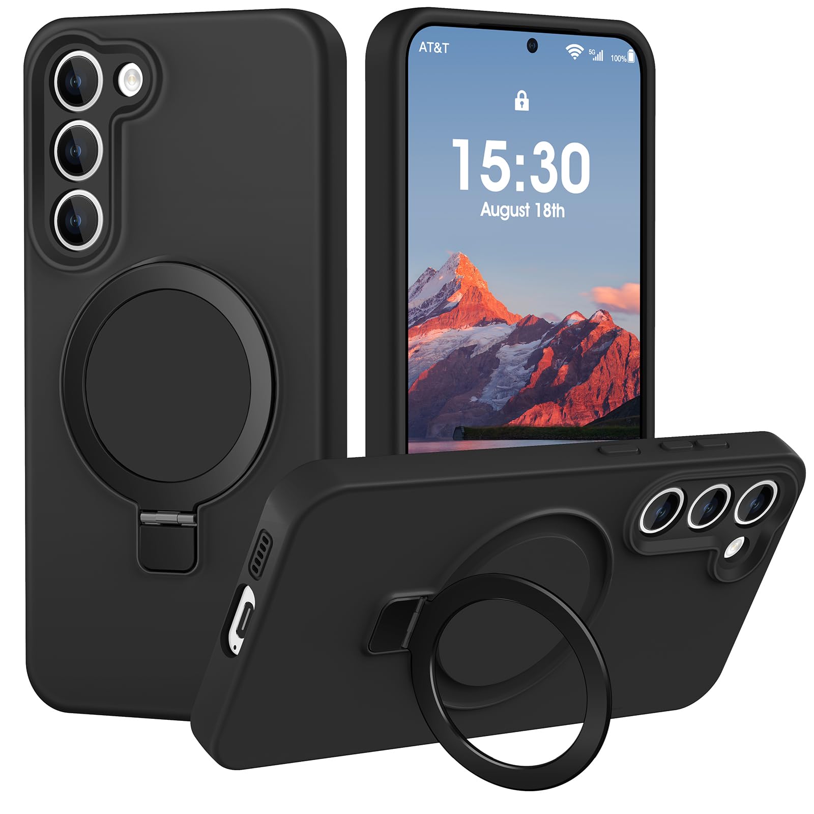 PuyaTeya Liquid Silicone Case for Samsung Galaxy S23 Plus with Magnetic Stand, Mil-Grade Drop Shockproof, Full Camera Protection Anti-Scratch Microfiber Lining Silicone Phone case, Black