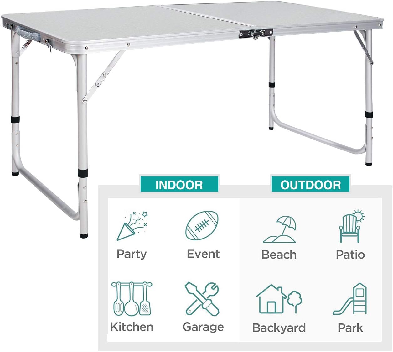 CAMPMOON Folding Camping Table 4 Foot, Lightweight Portable Aluminum Folding Table with Adjustable Legs, Great for Outdoor Cooking Picnic, White: Kitchen & Dining