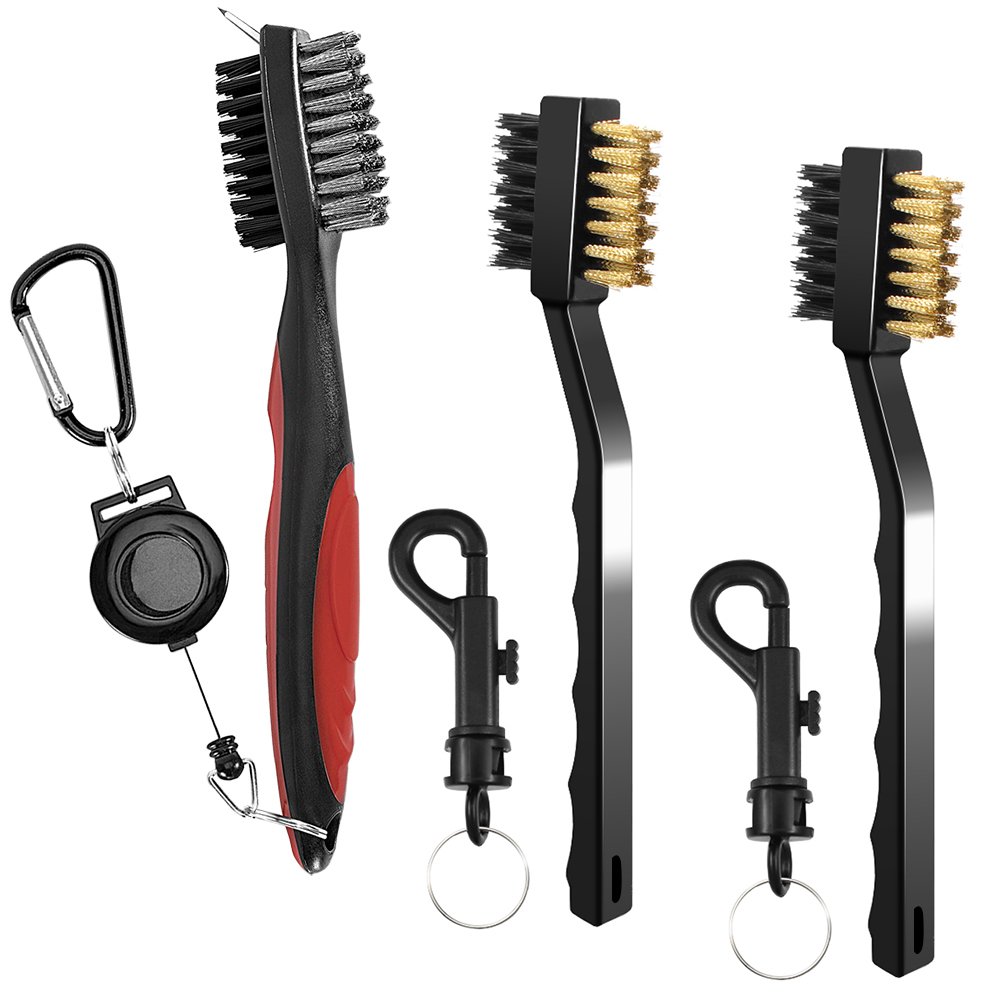 SENHAI 3 Pieces Golf Club Brushes Groove Cleaners, Metal and PP Bristles Spike Cleaning Tool, with 2 Ft Retractable Zip-line Aluminum Carabiner, Easily Attach to Golf Bag