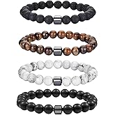 Liiusgelad Mens Beaded Bracelets 4-Pack, Black Hematite Obsidian Tiger Eye Crystal Gemstone Bead Bracelet for Men, Adjustable Mala Beads Pulseras para Hombres, Mens Jewelry Accessories Matching Set