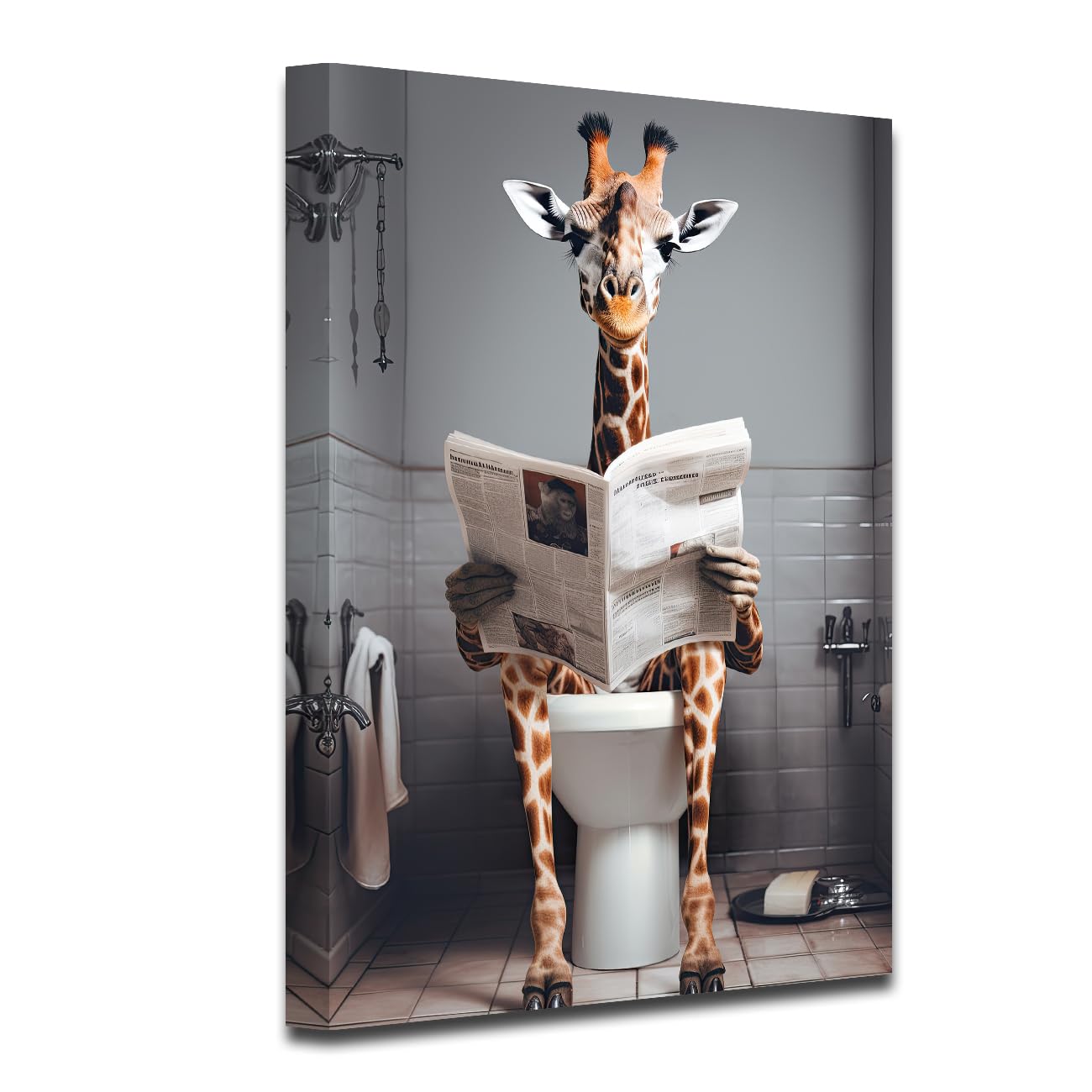 CXHOSTENT Funny Giraffe Bathroom Canvas Wall Art Giraffe Reading Newspapers on Toilet Pictures Prints Animal Poster Kids Bathroom Print Restroom Decor (Bathroom-1, 40.00 x 60.00 cms)