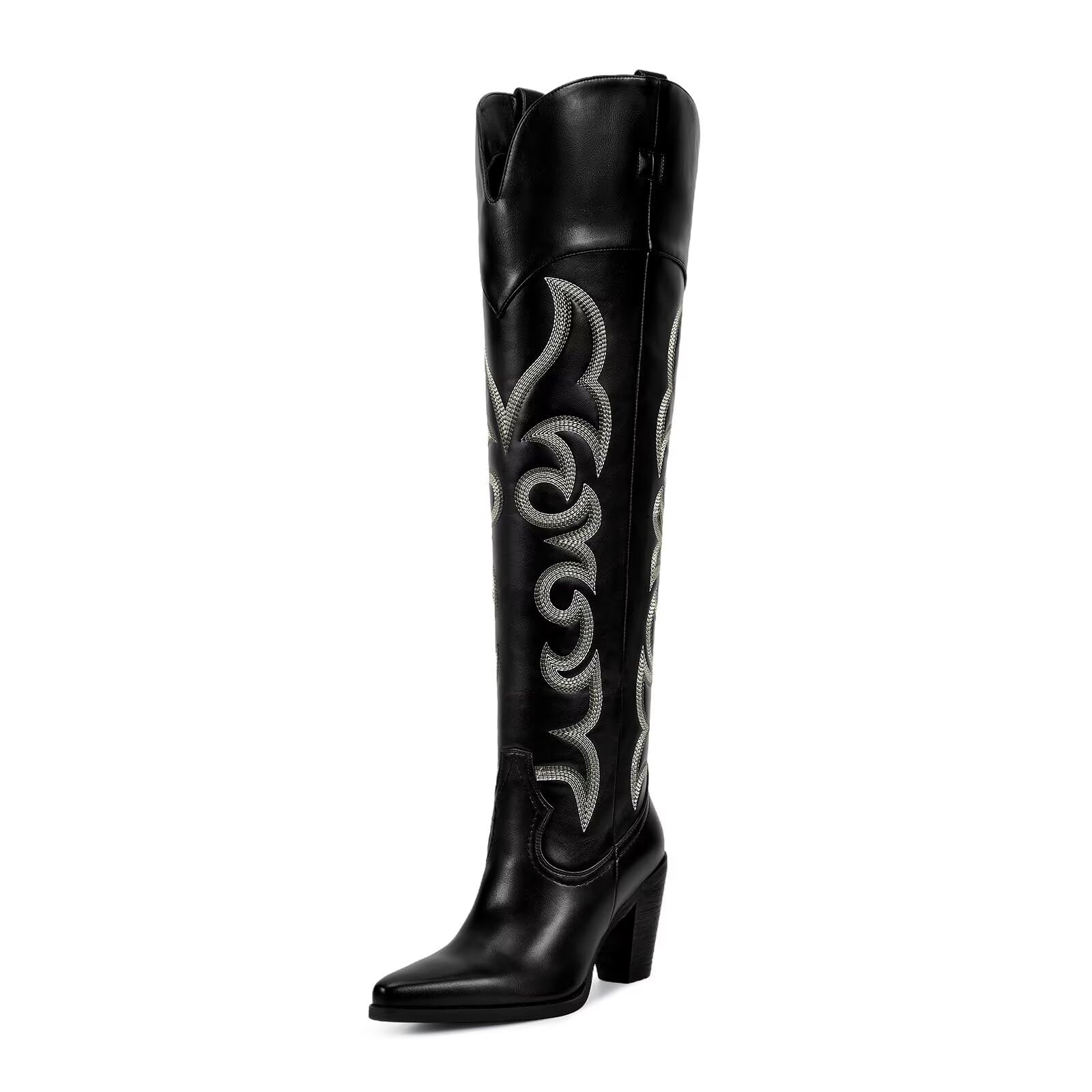 Photo 1 of ISNOM Black Cowgirl Cowboy Boots for Women Thigh High Western Womens Over the Knee Tall Boots Chunky Heel Country Pointed Toe Wide Calf Embroidery Side Zipper Size 7.5