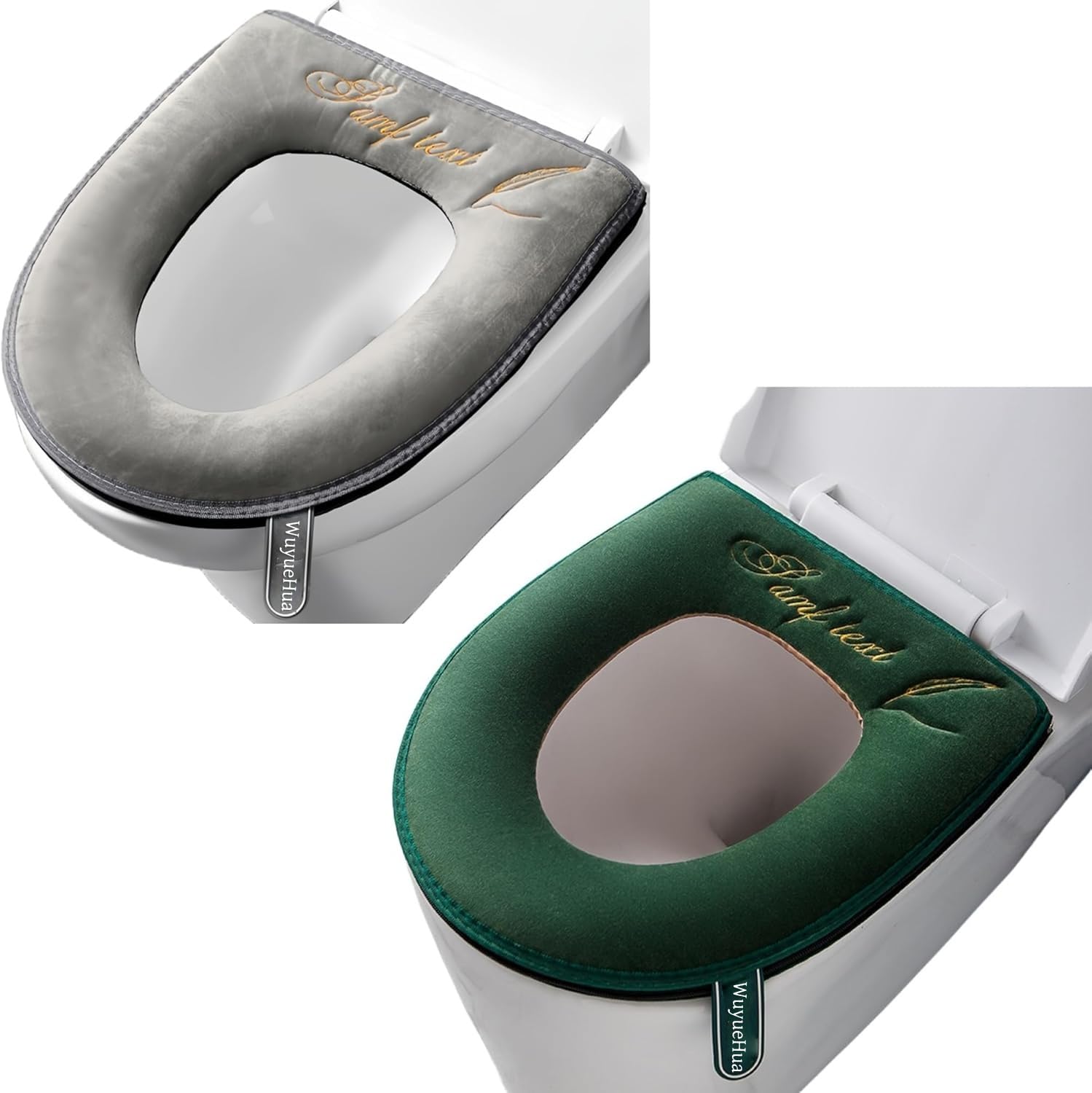 2 Pieces Bathroom Soft Toilet Seat Cover Pad with Handle Toilet Lid Cover Cushion Soft Thicker Washable Fits All Oval Toilet Seats (Grey+Green, zipper)
