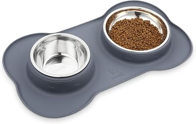 Pecute Double Stainless Steel Dog Bowls with Non-Slip Silicone Tray Grey L