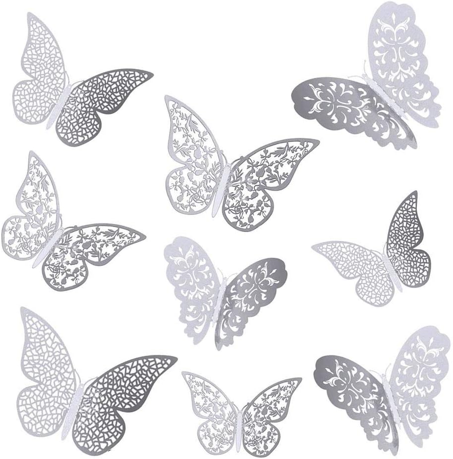 36 PCS 3D Metallic Hollow Butterfly Wall Decals Sticker, Wall Decal Decor Art Decorations Sticker Set, DIY/Handmade/Removable Home Decor for Kids Bedroom Living Room Party Wedding(Silver)