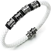 COOLSTEELANDBEYOND Mens Women White Braided Leather Bangle Bracelet with Stainless Steel Bead String and Magnetic Clasp