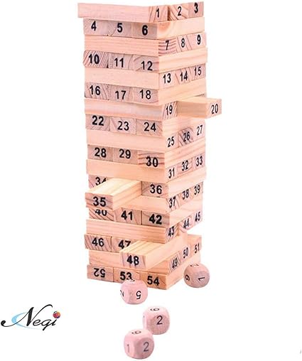 Negi 48 Pieces Jenga Wood Toys Fold High 48 Pieces Wooden Building Blocks Game with Dice (Wooden Tumbling Stacking Jenga)