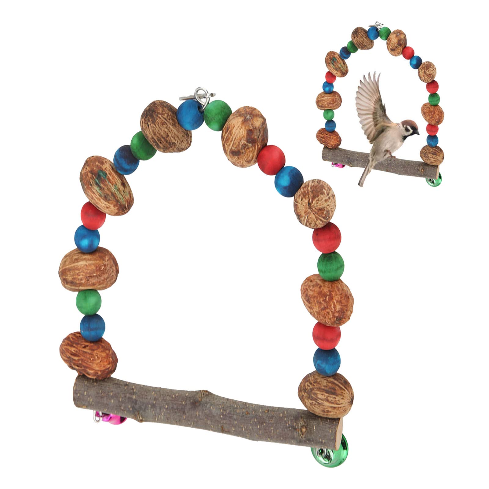 Applewood Bird Swing Toy, Parrot Colorful Bead Bird Swing Toy, Parrot Swing Bite Finch Canary Budgie Cage Wood Perch Stand Hanging Bird Perch with Bells for Parakeet Cockatiel Budgie (S)