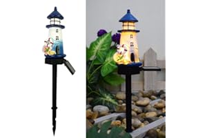 YZYOE Solar Blue and White Small Lighthouse Atmosphere Lights, Garden and Courtyard Decoration Resin Cute House Floor Lamp, Wireless Dusk to Dawn LED Lights Waterproof.