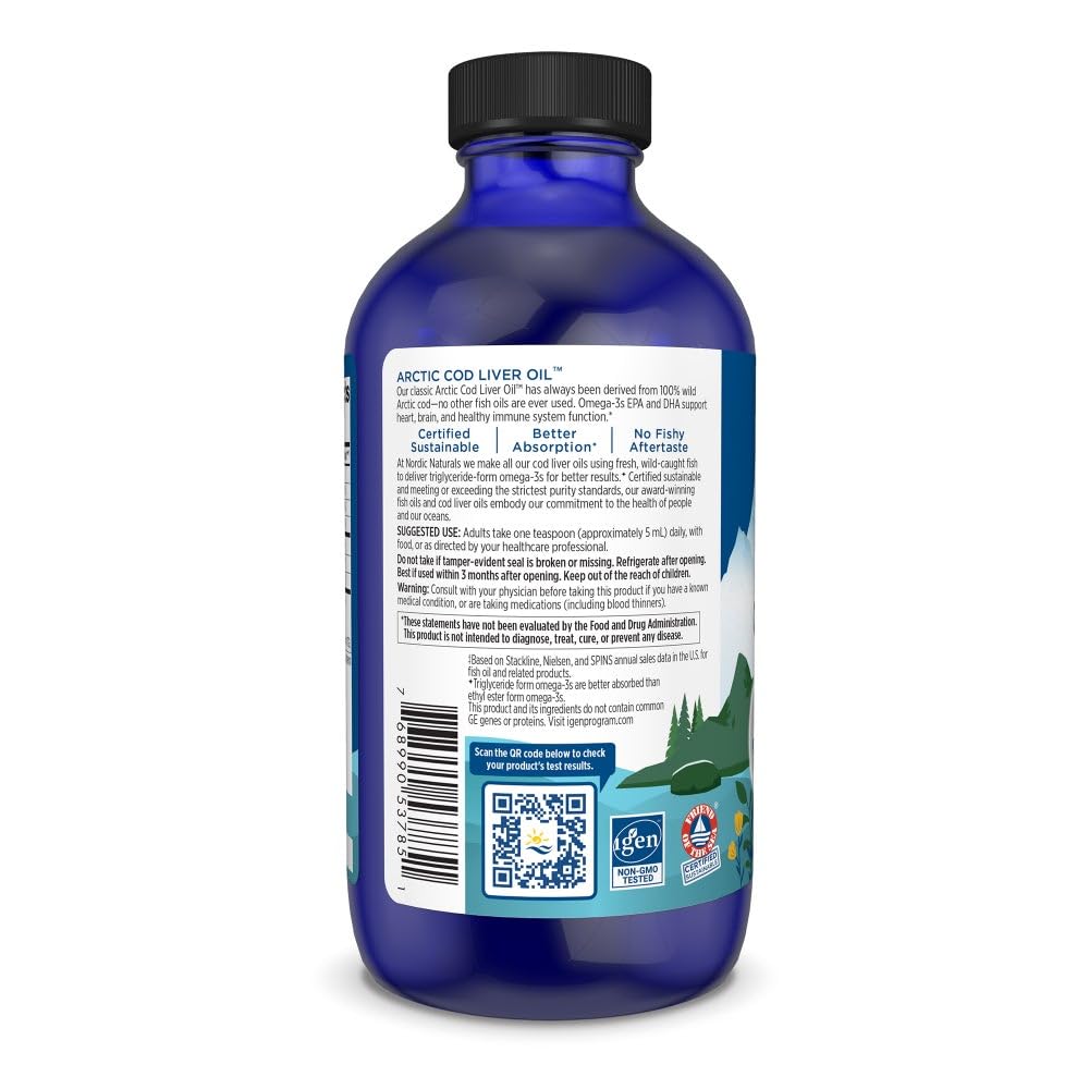 Nordic Naturals Arctic Cod Liver Oil, Unflavored - 8 oz - 1060 mg Total Omega-3s with EPA & DHA - Heart & Brain Health, Healthy Immunity, Overall Wellness - Non-GMO - 48 Servings