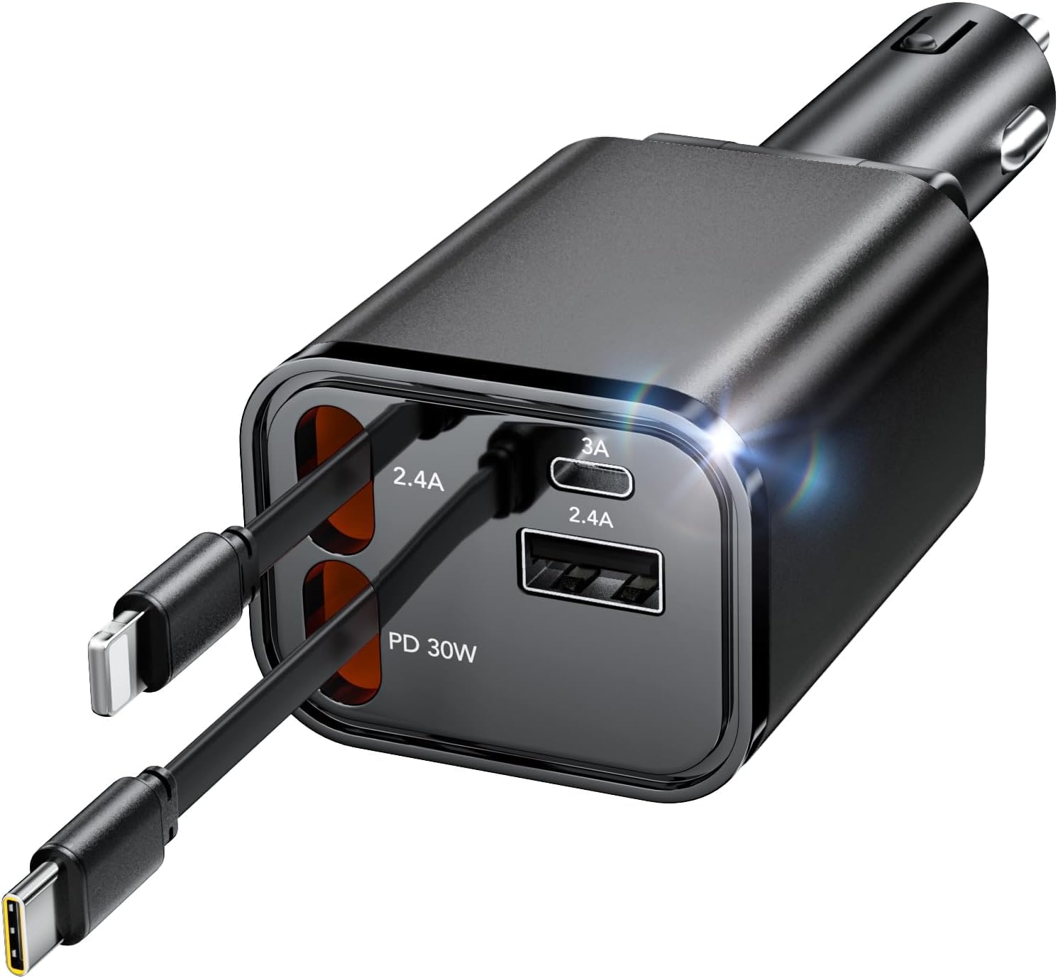 4 in 1 Einziehbares Auto Ladegerät mit Kabel Zigarettenanzünder USB