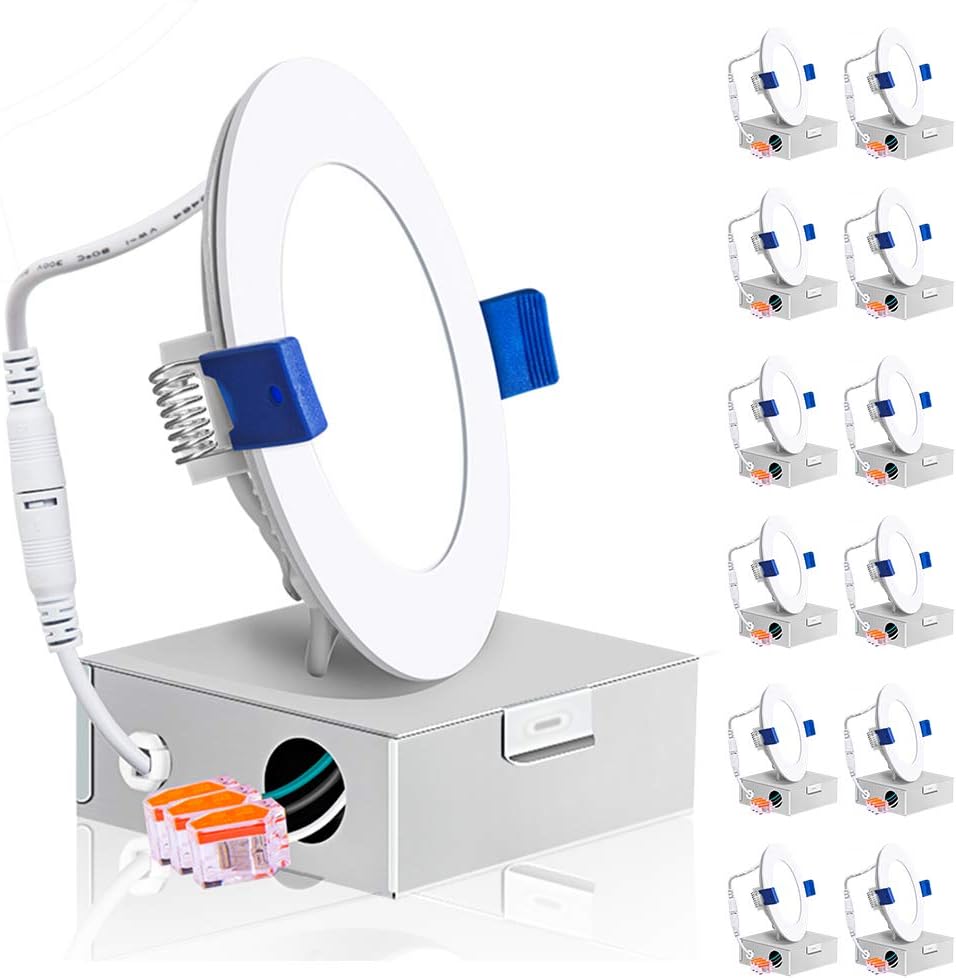 Freelicht 12 Pack 4 Inch Slim LED Recessed Lighting, Ultra-Thin LED Downlight with Junction Box, 4000K Cool White, 9.5W=80W, 650LM, Dimmable Wafer Can-Killer Downlight - Energy Star