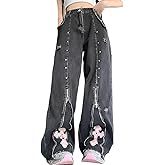 RILGOU Y2K Gothic Grunge Vintage Casual High Waist Loose Straight Wide Leg Denim Pants Pink Cross Zipper Trim Jeans