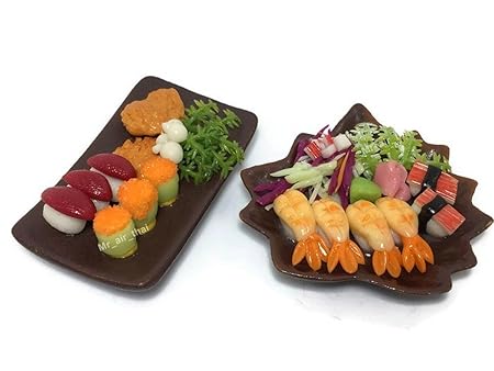 Set 2 Miniature Sushi Set Food Dollhouse Drink Japan Food Shshi Bento Steak Vegetable Fruit Decor Furniture ( Sushi,Salmon Steak) F15