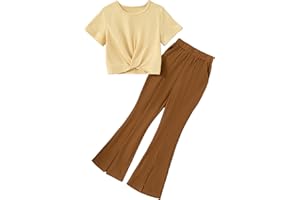 Woleroyir Girls Clothes Solid Color Twist Front Top Flared Pants Set with Pockets Cute Summer Outfits 6-15 Years