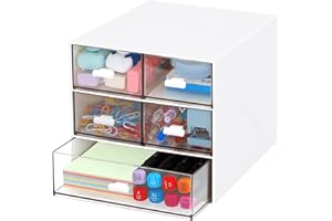 LETURE Desk Organizer with 5 Drawers, Rectangular Office Stationery Supplies Desktop Drawers, Plastic Makeup Storage, Suitable for Office, School, Home (White & 5 Drawers)