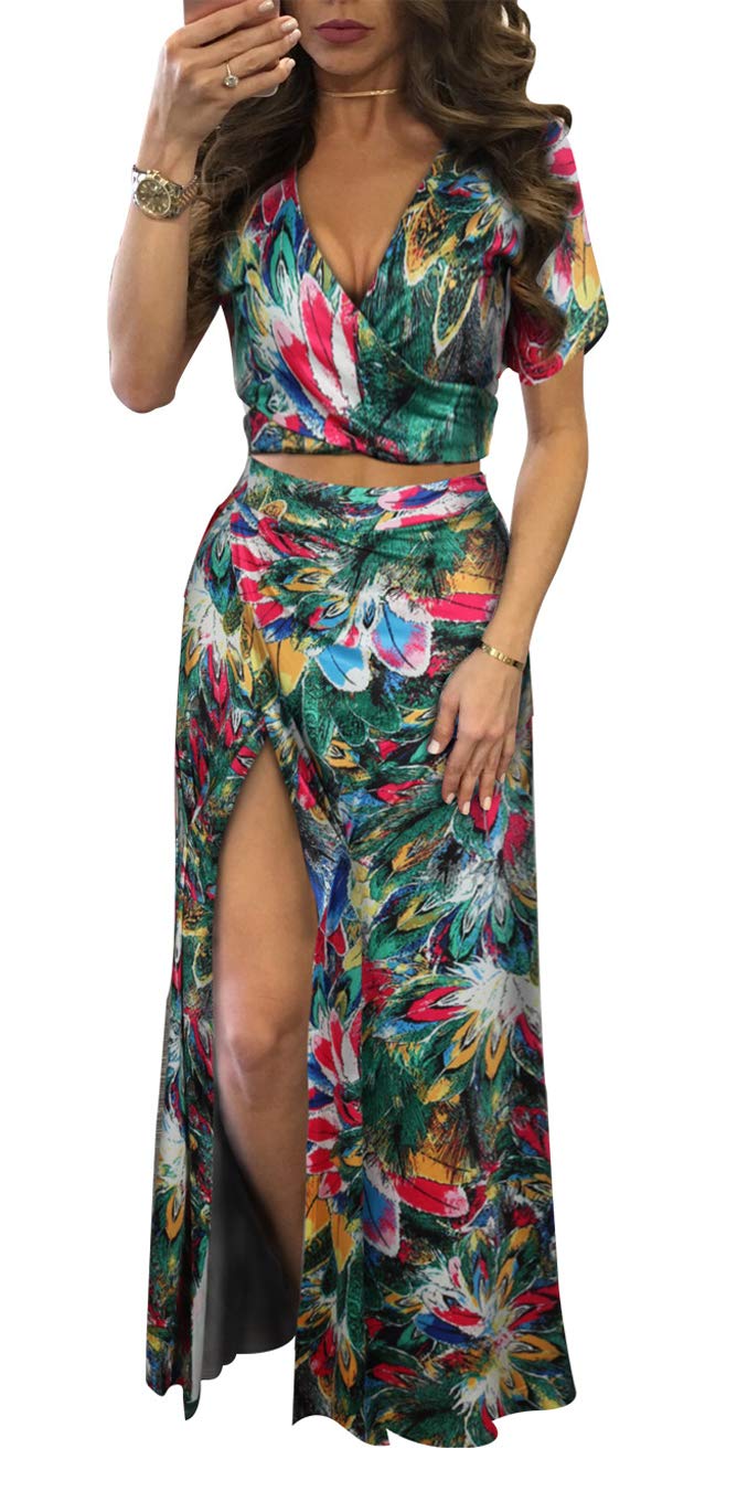 Aro Lora Women's Sexy V Neck Floral Printed Side Slit Two-Piece Maxi Dress