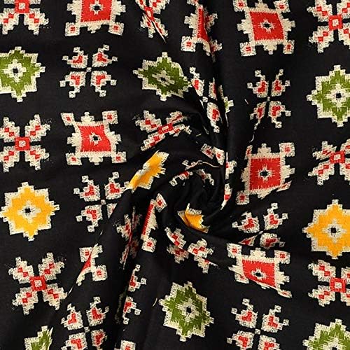 Shopolics Black-Yellow and Green Kalamkari Cotton Fabric-10093 for Wedding, Festival, Dress Material (1 Yard)