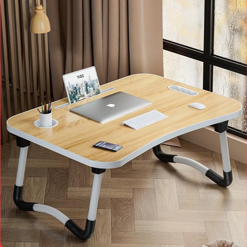 Vivo Technologies Foldable Laptop Table Walnut with Cup Holder Bed Tray Desk