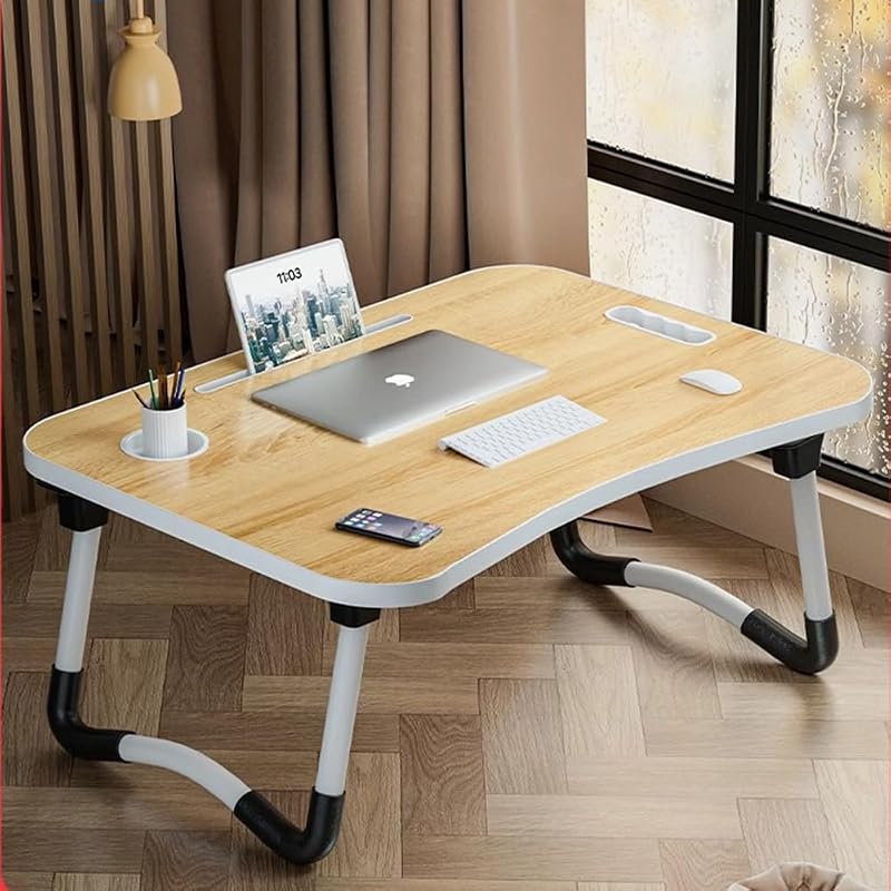 Vivo Technologies Foldable Laptop Table Walnut with Cup Holder Bed Tray Desk