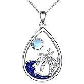ANGSAU Palm Trees Necklace Sterling Silver Ocean Waves Pendant Moonstone Jewelry Gifts for Women