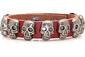 Xusamss Punk Rock Alloy Buckle Leather Wristband Skull Cuff Bracelet,7.5" Wrist