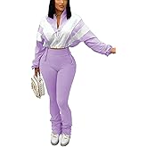 longlugoo Women's Color Block 2 Piece 80s 90s Outfits Sweatshirt Zip Up Jacket and Bodycon Pants Tracksuit Sets