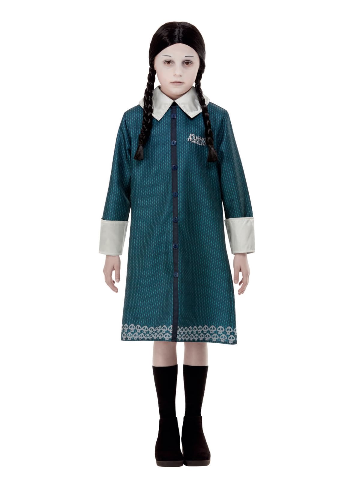 Smiffys The Addams Family Wednesday Costume for Kids, Blue Dress with Skull Pattern and Black Wig, Officially Licensed Wednesday Addams Costume, Ideal for Halloween Parties
