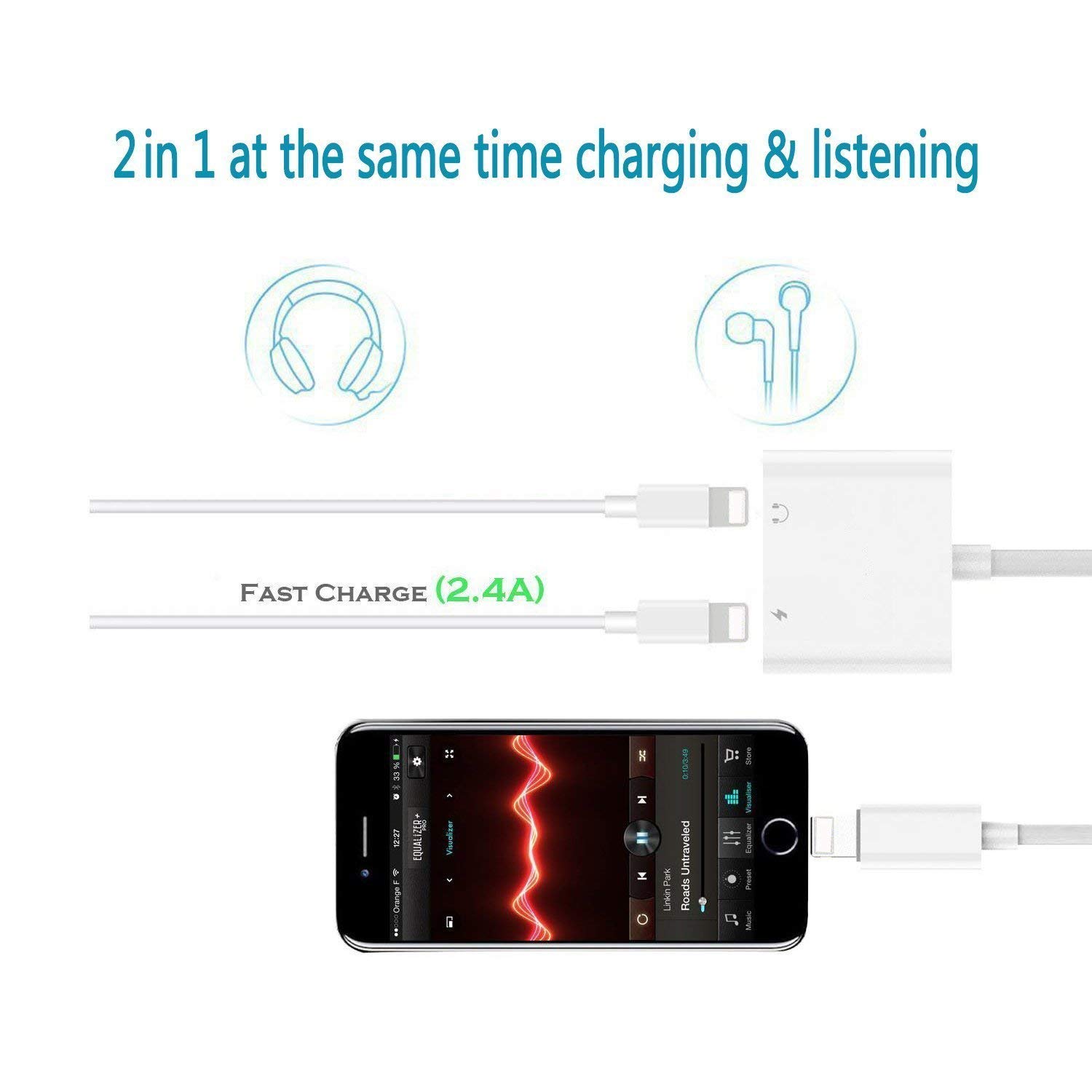 Compatible Charger and Headphone Adapter Applicable for iPhone max X / 7/7 Plus / 8/8 Plus,Supfox 2 in 1 Dual Headphones Adapter and Splitter Design for Calling & Remote & Charger & Music