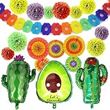 JOYIN 19 PCs Cinco De Mayo Fiesta Foil Balloons with 24" Cactus & 30" Avocado Balloons, Tissue Pom Paper Flowers, Hanging Paper Fans & Backdrop Banner for Cinco De Mayo Party Decoration Supplies