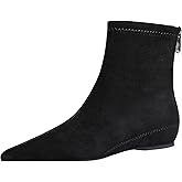 LOVEHEYNEW Women's Suede Flat Ankle Boots with Back Zipper Retro Comfortable Pointed Toe Internal Height Increase Wedge Short Bootie Fall Winter Daily Casual Dress Boots