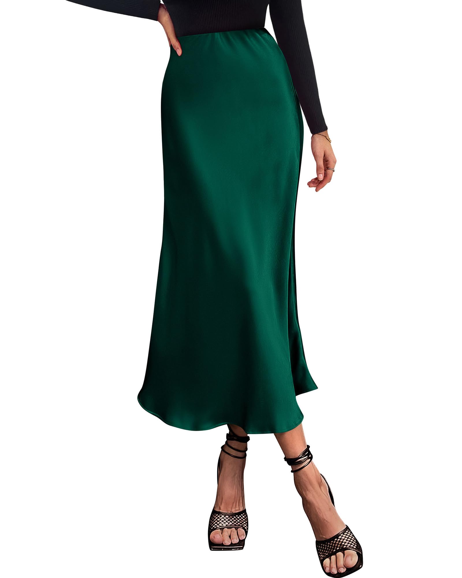 Photo 1 of BTFBM 2024 Women Long Satin Summer Fall Skirt Silk Elegant High Waist Cocktail Party Wedding Flared A-Line Midi Skirts(Solid Dark Green, Medium)