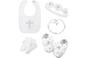 Bunnycool 5 Pcs Baptism Bib for Baby Girl white Christening Sock Shoes Headband Cross Charm Bracelet Baptism Outfits Gift