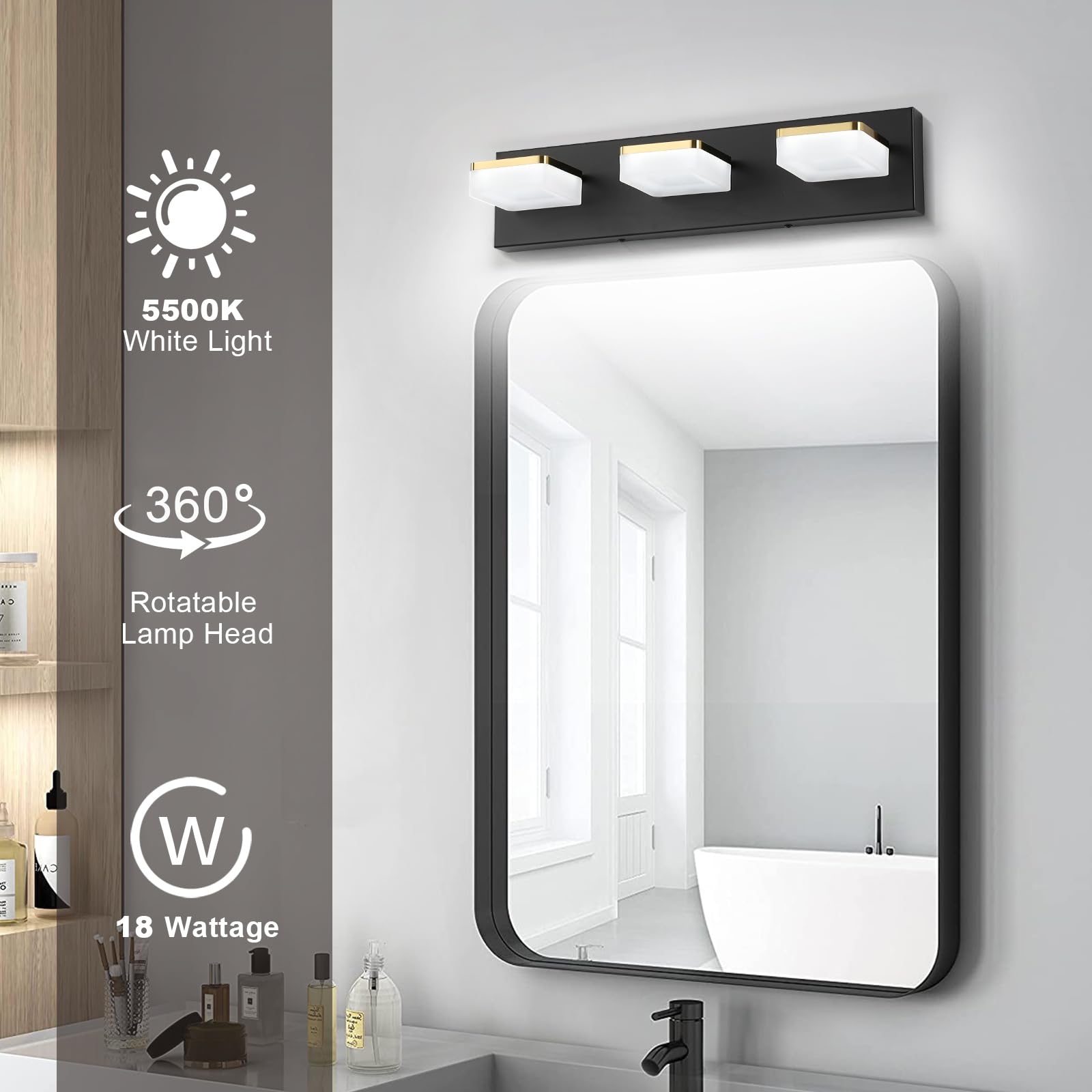 Bicrink 3 Light Bathroom Vanity Light - Modern Dimmable Black and Gold Bath Light Fixtures for Bathroom, 3 Lights Over Mirror, LED Wall Sconces, Daylight 5500K, Great for Makeup and Grooming