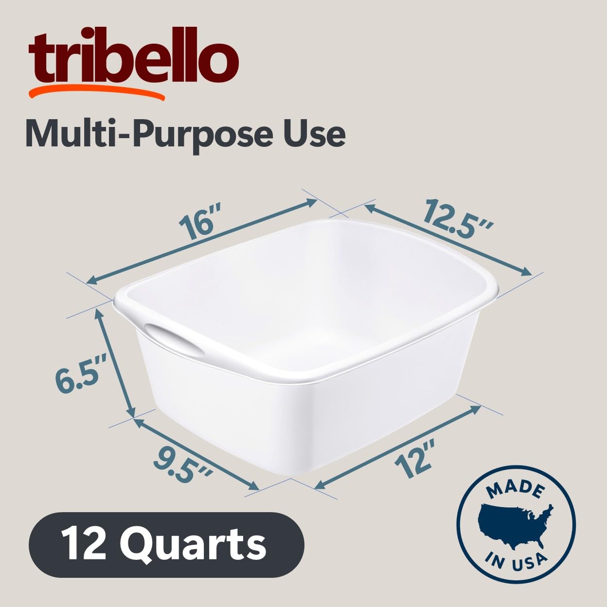 Tribello Plastic Wash Tub Dishpan Basin and Foot Bath for Soaking Feet, Laundry Hand Wash Bucket, Dish Pans for Washing and Storage Cleaning Supplies - 12 Quarts - Heavy Duty - Made in USA (White)