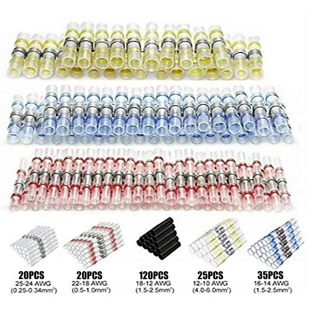 Yikor 220PCS Solder Seal Wire Connectors - Heat Shrink Solder Connectors - Waterproof Solder Sleeve Butt Connector Kit Insulated Automotive Marine Electrical Wire Terminals: Industrial & Scientific