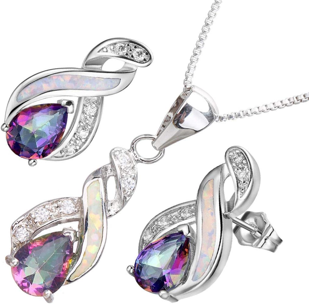 Hermosa Opal Jewelry Set Women Pendant Necklace Stud Earrings Sapphire Rainbow Mystic Topaz with 18" Chain